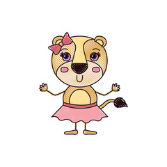 color crayon silhouette caricature of adorable expression lioness in skirt with bow lace vector illustration
