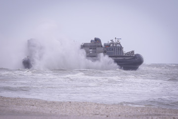 A US Navy Landing Craft Air Cushion (LCAC) takes part at a NATO military exercise, on 18 March 2017, in Capu Midia, Romania.