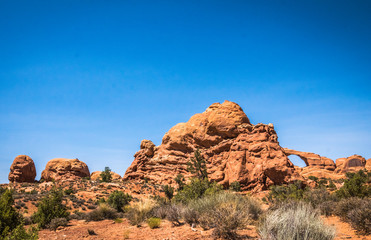 Fototapeta na wymiar Tourist attraction of the USA. Arches National Park. Moab Desert Landscape