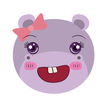 colorful caricature face female hippo animal happiness expression with bow lace vector illustration
