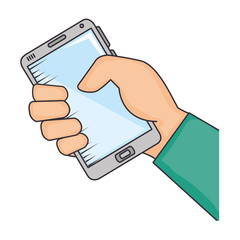 hand holding a smartphone device icon over white background vector illustration
