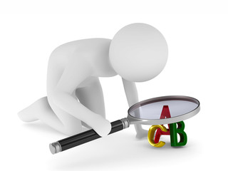 Man with magnifier on white background. Isolated 3D illustration