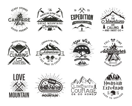 Vintage mountaineering badges. Climbing logo, vintage emblems. Climb alpinism gear - helmet, carabiner, campfire. Retro t shirt design. Old style illustration. Letterpress effect. Full set