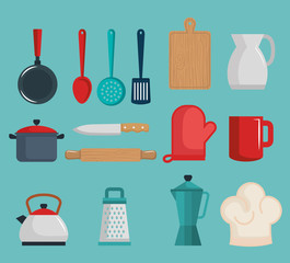 Colorful kitchenware set over teal background vector illustration