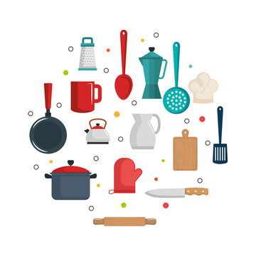 Colorful kitchenware items over white background vector illustration