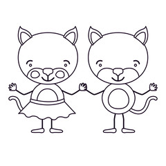 sketch silhouette caricature with couple of cats holding hands vector illustration