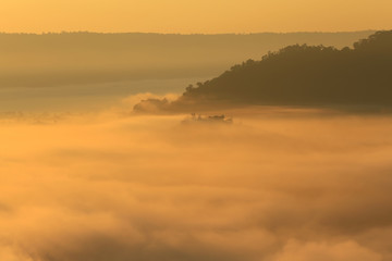 Fog on the Mekong River in Thailand in the morning, soft focus and background blur.