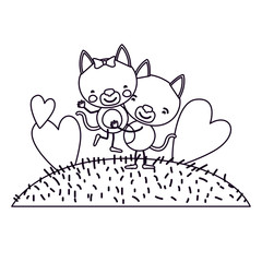 sketch silhouette scene landscape and grass with caricature couple of kittens one carrying the other vector illustration