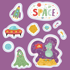 Space cartoon stickers. Rocket, flying saucer, Moon, Saturn, falling star or comet, cute alien characters vector illustrations isolated on violet background. Counters for table games, price tags