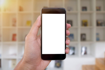 A man hand holding smart phone. mobile with blank screen and can be add your texts or others.