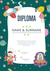 Diploma cartoon template. Spaceship, stars. planets, comets. For award for victory in scientific competition. Cartoon space diploma template.