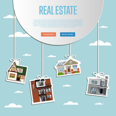 Real estate agency website template vector illustration. Commercial background. Real estate business concept with houses. Family dream home. Trading house. Advertising company, online business.