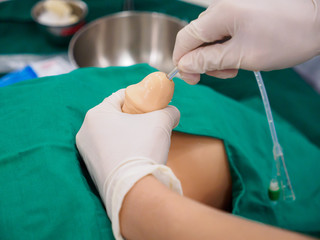Close-up detail of a physician inserting an indwelling catheter into the penis of a training dummy....