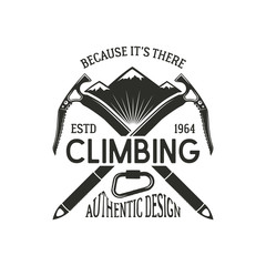 Vintage climbing badge. Climbing logo, vintage emblem. Climb gear - carabiner and text. Retro t shirt design. Old style illustration. Climbing insignia