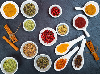 Variety of spices and herbs for cooking meat, fish, chicken and vegetable salads
