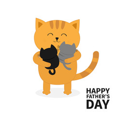 Cat hugging two little baby kitten. Happy Fathers day. Kittens on hands. Kitty hug. Funny Kawaii animal family. Cute cartoon pet character set. Flat design White background Isolated.