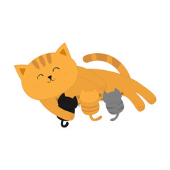 Cat mother feeding kittens. Mom kitty laying on the floor and nursing little cats. Milk feed. Breastfeeding pet animal. Cute cartoon character. Flat design. White background. Isolated.