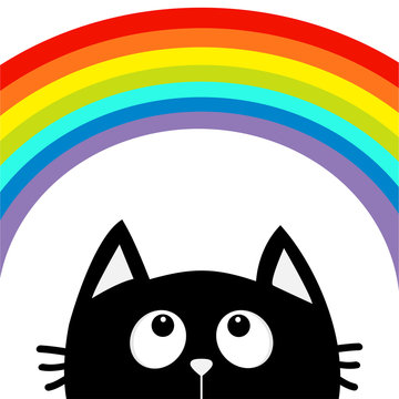 Black cat looking up to big rainbow. Cute cartoon character. Valentines Day. Kawaii animal. Love Greeting card. LGBT flag color sign symbol. Flat design. White background. Isolated.