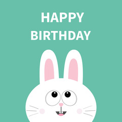 White bunny rabbit face. Pet collection. Hare looking up. Happy Birthday. Greeting card. Flat design. Cute cartoon funny character. Green background. Isolated.
