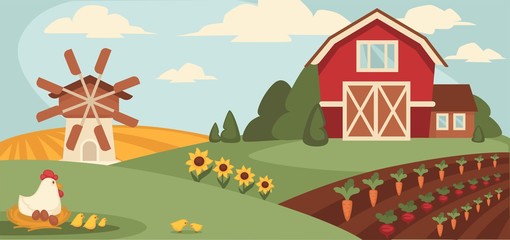 Big ranch with wide field, vegetable beds and paultry