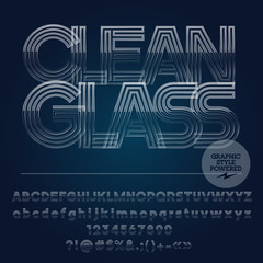 Obraz premium Glass vector set of alphabet letters, symbols, numbers. Font contains Graphic Style. Vector icon with text Clean Glass