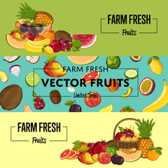 Farm fresh fruit flyers vector illustration. Natural sweet product, juicy fruit advertising, vegetarian nutrition, organic healthy food. Pear, melon, avocado, banana, peach, lemon, watermelon, plum