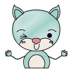 color crayon silhouette caricature half body cat wink eye expression with hands up vector illustration