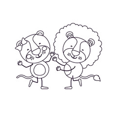 sketch silhouette caricature with couple of lioness and lion dancing vector illustration