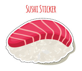 Sushi sticker, asian food with trout, rice label. Vector illustration