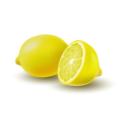 Isolated colored group of lemons, half and whole juicy fruit with shadow on white background. Realistic citrus.