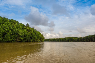 Fototapeta premium Rural river landscape summer river with bright sky and cloud