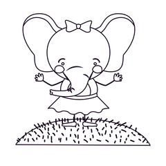 sketch silhouette scene landscape and grass with caricature cute expression female elephant in skirt with bow lace vector illustration