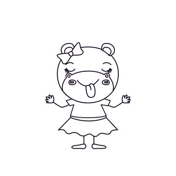 sketch silhouette caricature of cute expression female hippo in clothes with bow lace and sticking out tongue vector illustration