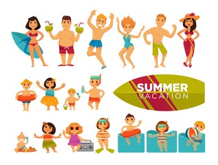 Summer vacation set of cartoon characters in swimsuits