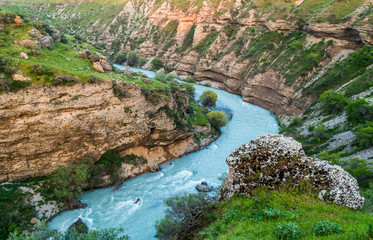 Blue river in the canyon of the Aksu-Dzhabagly Reserve