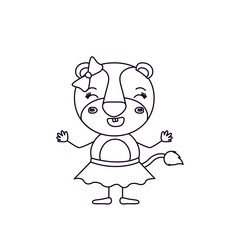 sketch silhouette caricature of female lioness in skirt with bow lace and smiling expression vector illustration