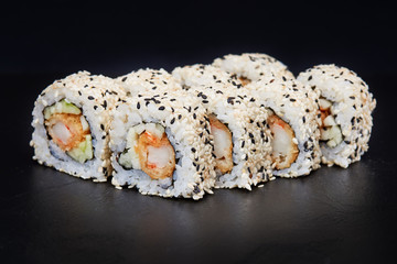 Sushi on black background. Perfect for creating sushi restaurant menu. 