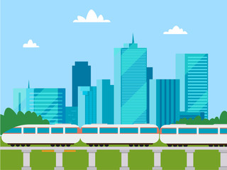 City landscape with train and skyscraper vector illustration flat
