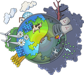 Ecology earth two sides clean and pollution. Bad ecology. Vector illustration