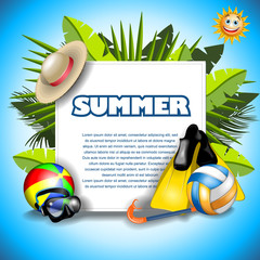 Summer banner background with summer objects 3d ball, hat, flippers, sun, palm vector illustration, tropical beach vocation collection