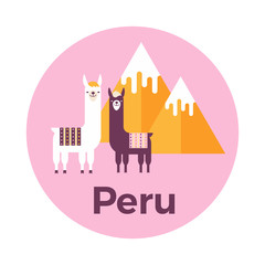 Vector illustration stickers or label of Peru with mountains and lamas. Flat design style. - 164665621