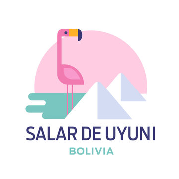 Vector illustration of flamingo and salt for Salar de Uyuni sticker or label. Bolivia
