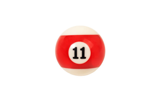 Bola de billar número once (11) sobre fondo blanco aislado. Vista de frente. Copy space