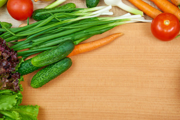 closeup of fresh fruits and vegetables on wooden table, healthy food concept, abstract object and background