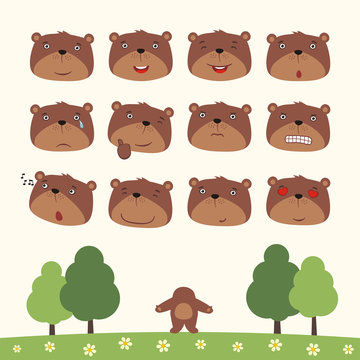 Emoticons set face of  teddy bears in cartoon style. Collection isolated heads of teddy bear in different emotion and his body on meadow with trees.
