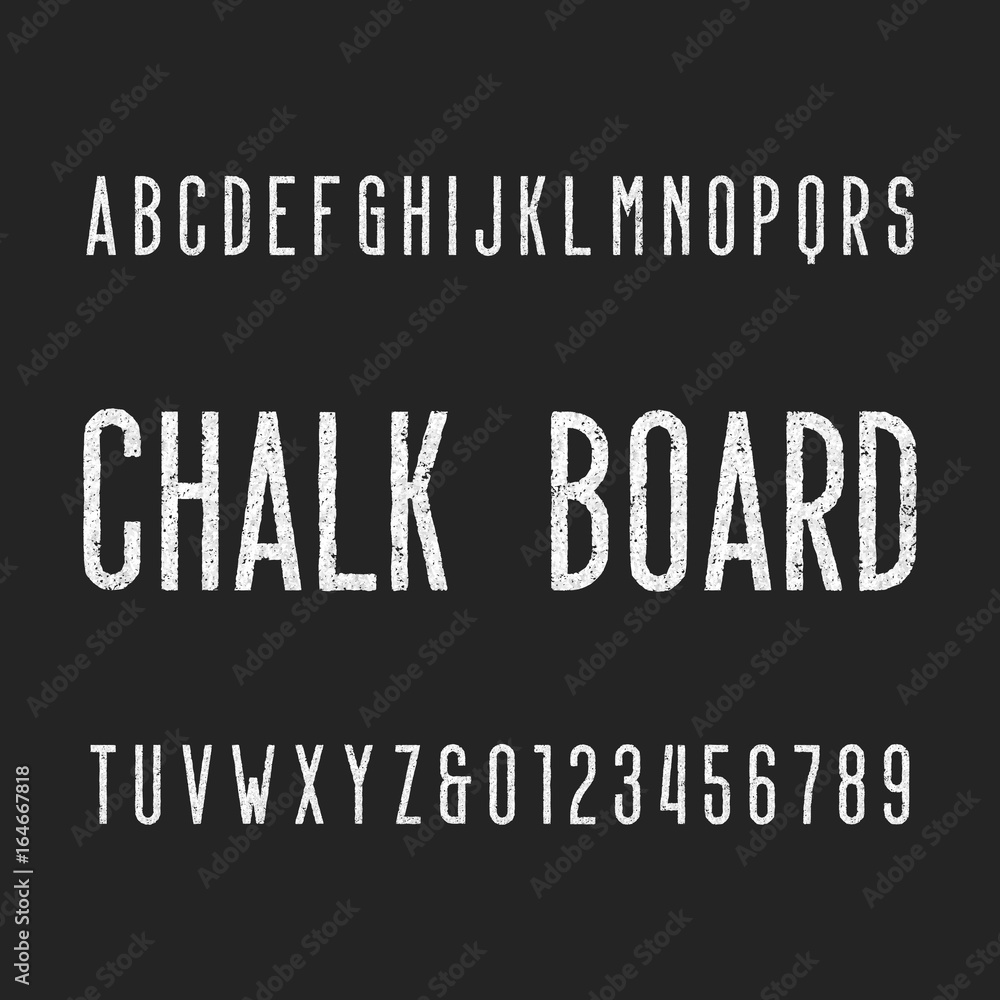 Fototapete retro chalk board alphabet font. letters and numbers on a dark background. vector typeface for your 