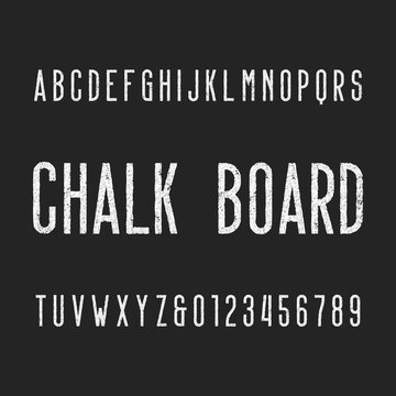 Retro chalk board alphabet font. Letters and numbers on a dark background. Vector typeface for your design.