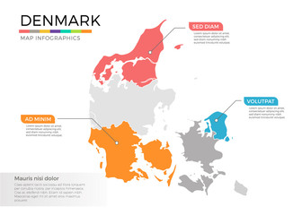 Denmark map infographics vector template with regions and pointer marks