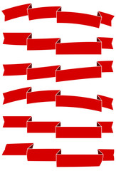 Set of six red cartoon ribbons for web design. Great design element isolated on white background. Vector illustration.

