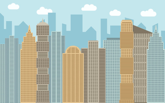 Vector urban landscape illustration. Street view with cityscape, skyscrapers and modern buildings at sunny day. City space in flat style background concept.
